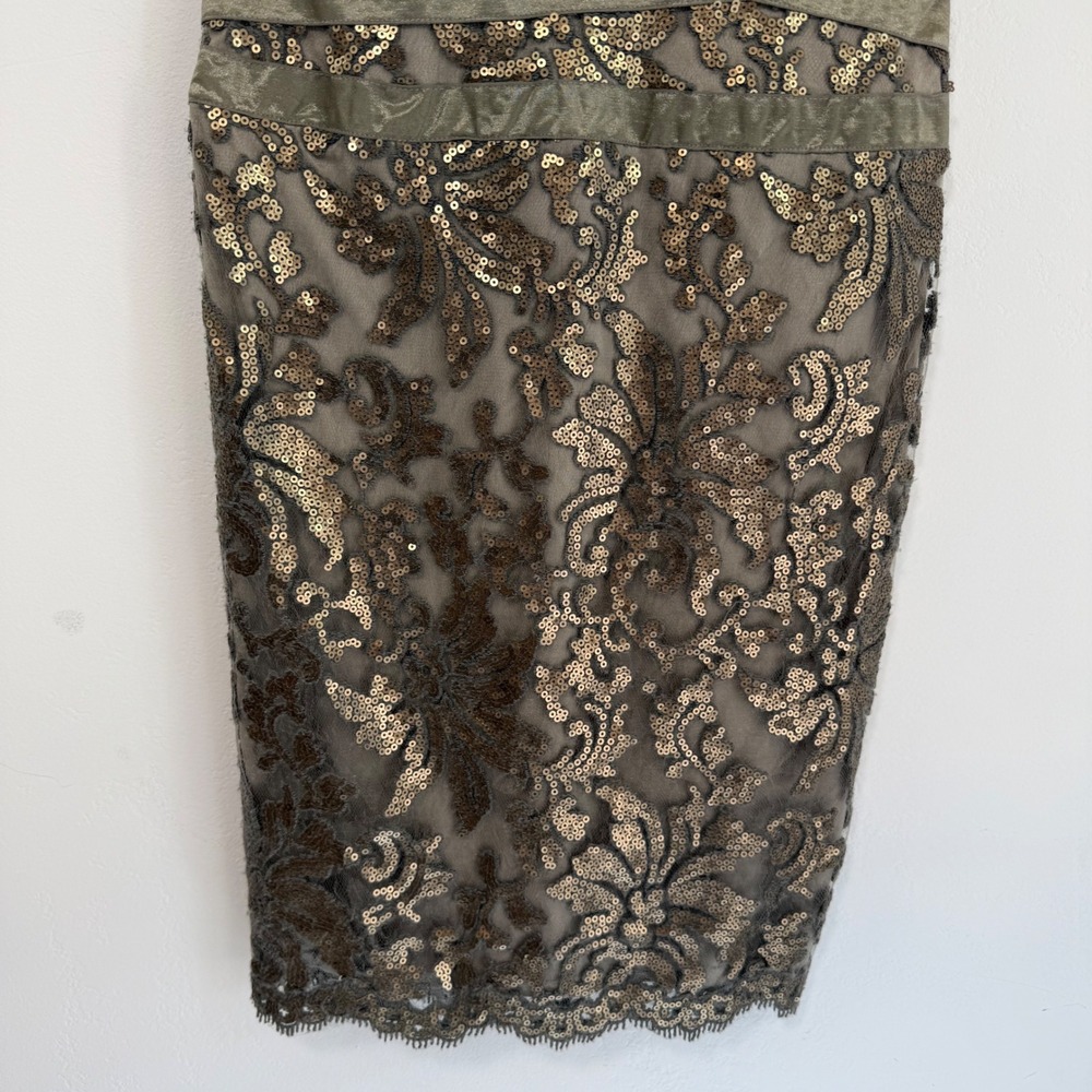 Tadashi Shoji Bronze Olive Sequin Lace Sheath Cocktail Dress Sz 4 Art Deco‎ Glam - Picture 6 of 16